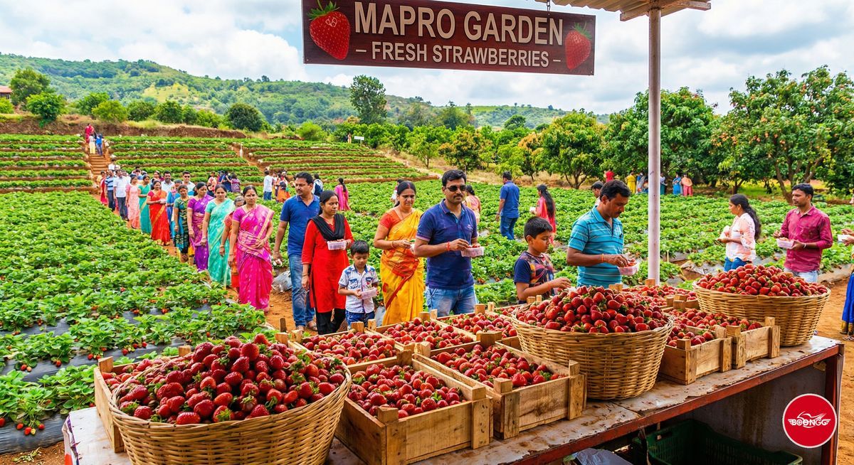 Mapro Garden Mahabaleshwar with fresh strawberries on display and colourful gardens