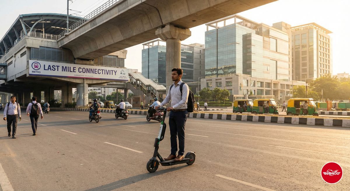 IT professional riding scooty from metro station to office - last mile