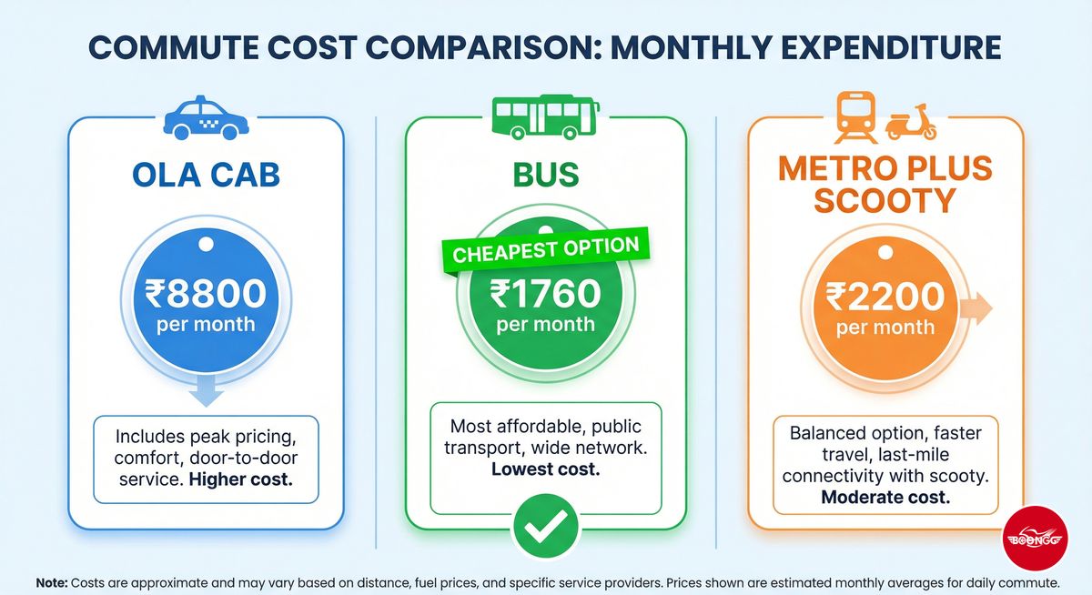 Metro plus scooty commute cost comparison vs Ola and bus