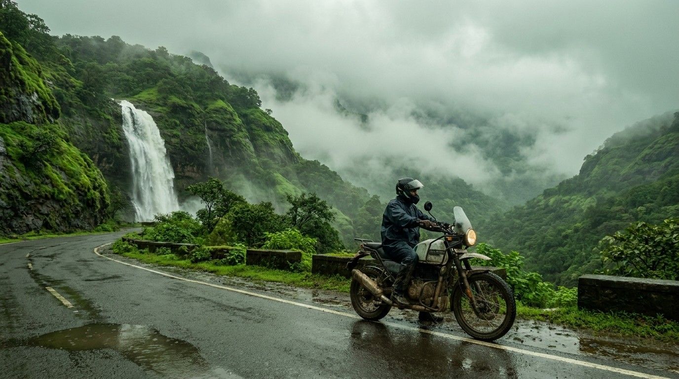 Motorcycle parked near a waterfall on a misty ghat road near Lonavala during monsoon