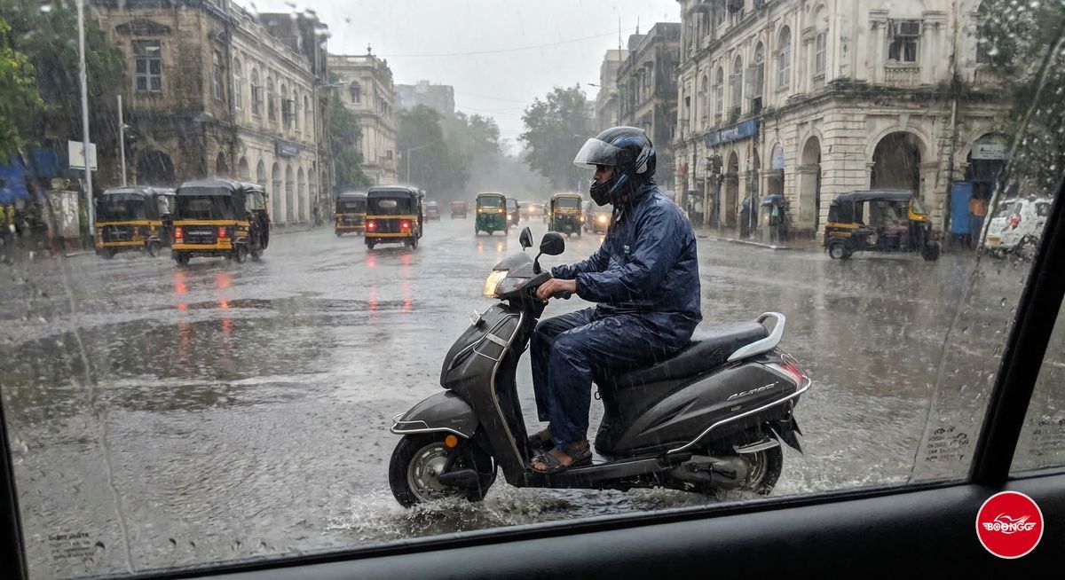 Riding scooter in Pune monsoon rain
