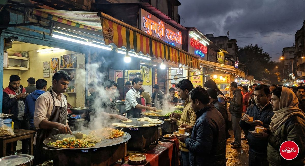 Night street food stalls with bright lights near Wakad and Balewadi in Pune