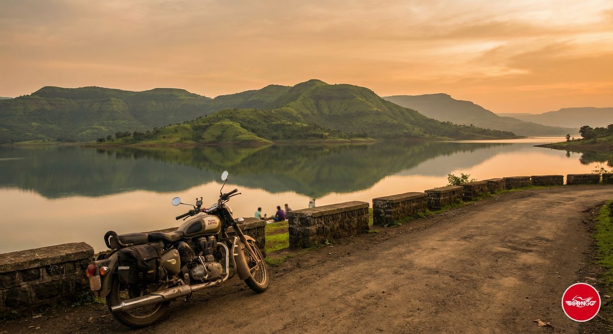 Pavana Dam scenic lake with green hills and motorcycle parked on lakeside road