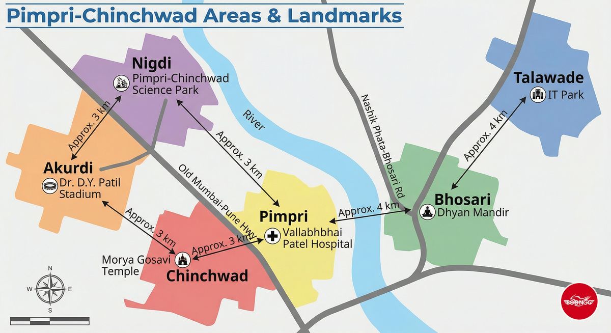 Pimpri-Chinchwad area map showing Nigdi, Akurdi, Chinchwad, Pimpri, Bhosari, Talawade
