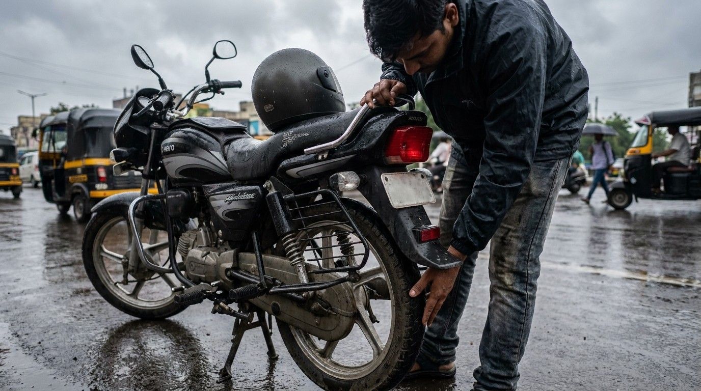 Rider checking tyre tread and brakes before a monsoon ride in Pune