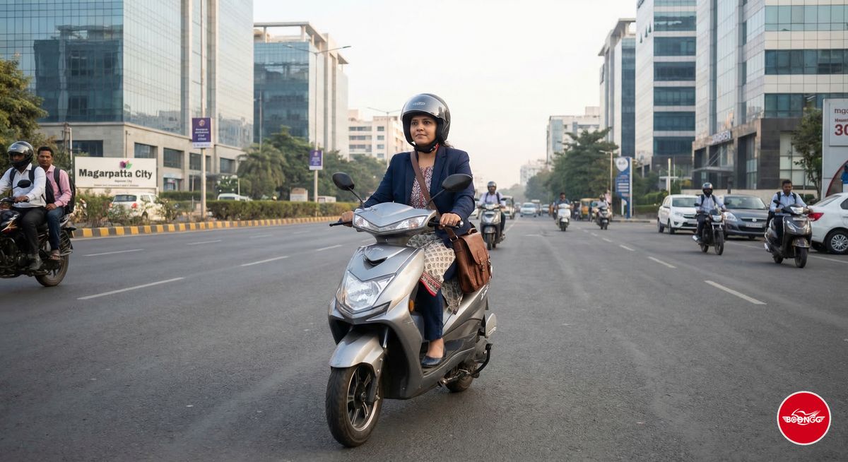 Professional woman riding scooty on wide road during evening commute in Pune