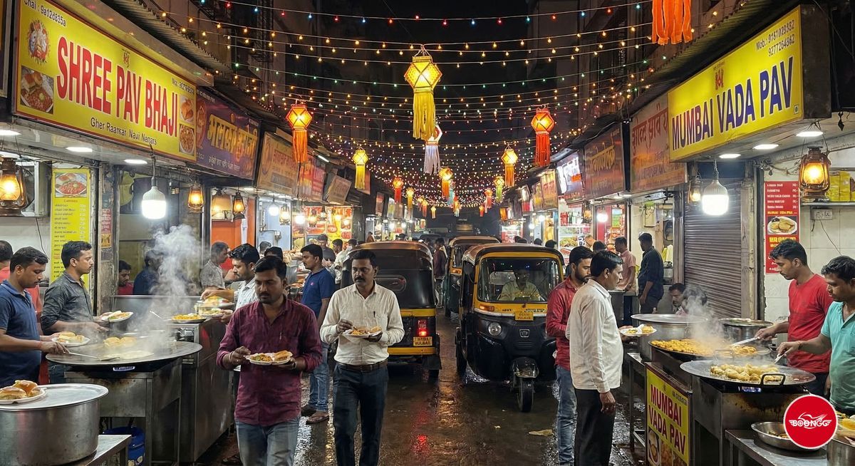 Vibrant Indian food street with stalls and lights in Pune, showing street food culture near Wakad