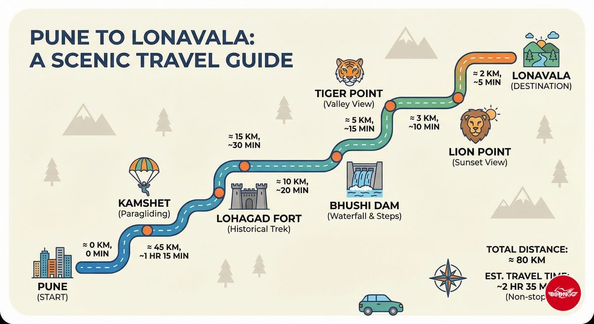 Pune to Lonavala route map with stops at Kamshet, Lohagad Fort, Bhushi Dam, Tiger Point
