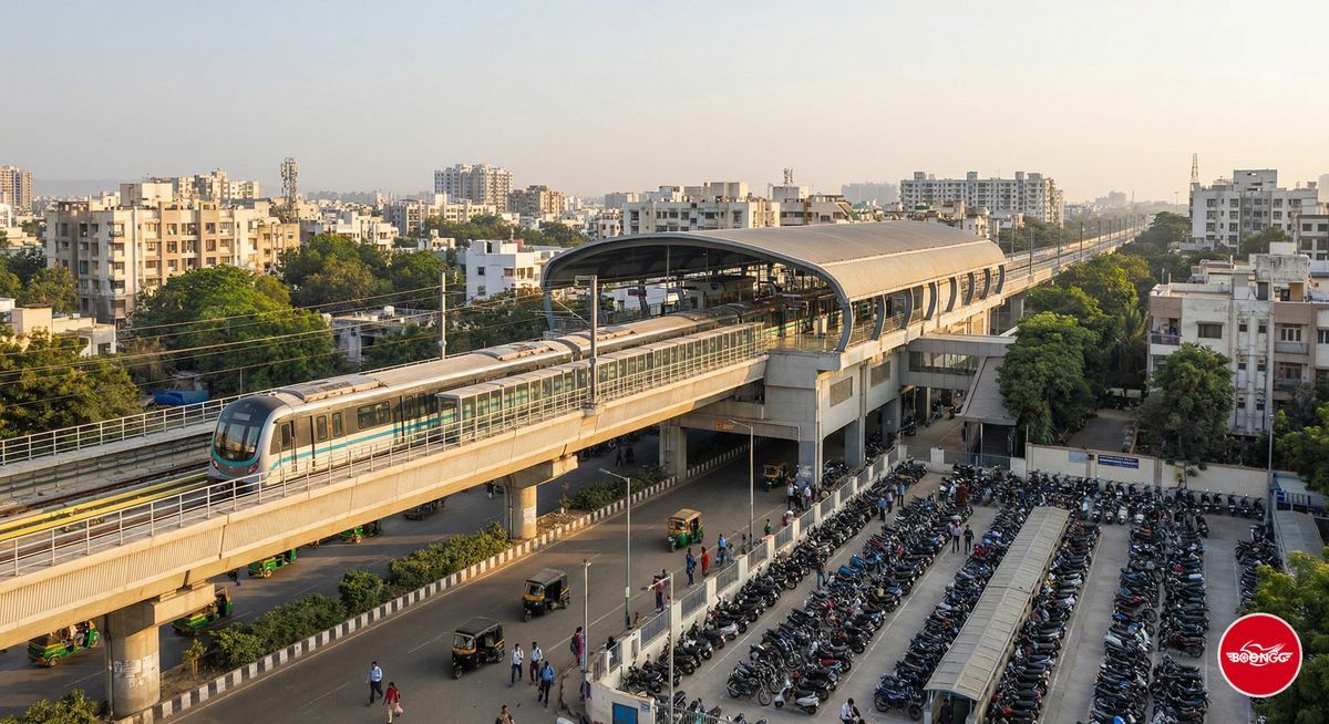 Pune Metro station with scooty parking area for last-mile connectivity
