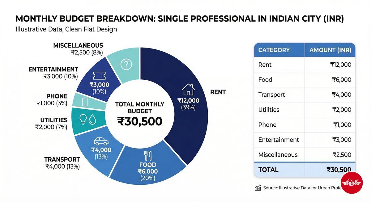 Monthly budget breakdown for single professional living in Pune 2026 showing rent food transport and other expenses