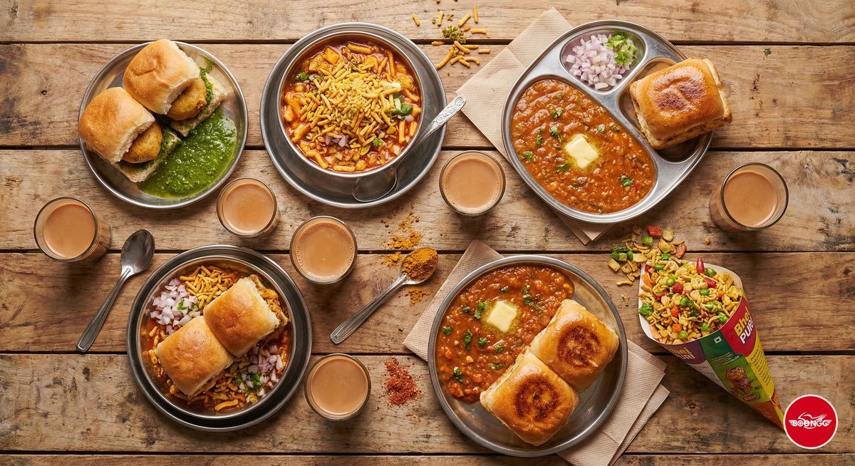 Indian street food spread including vada pav, misal pav and cutting chai in Pune
