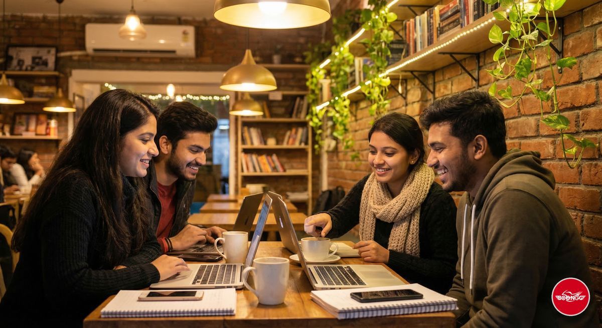 Students studying with laptops and coffee at a cozy Pune cafe with warm lighting