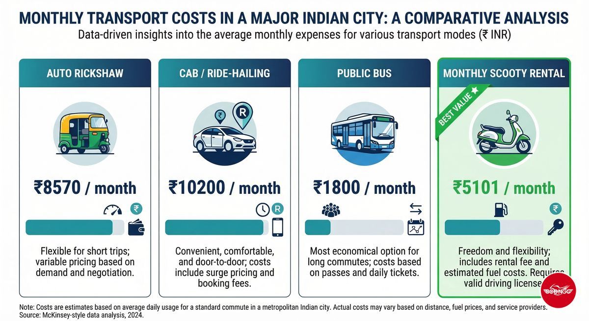 Pune transport cost comparison 2026 showing auto rickshaw Ola cab bus pass and monthly scooty rental prices
