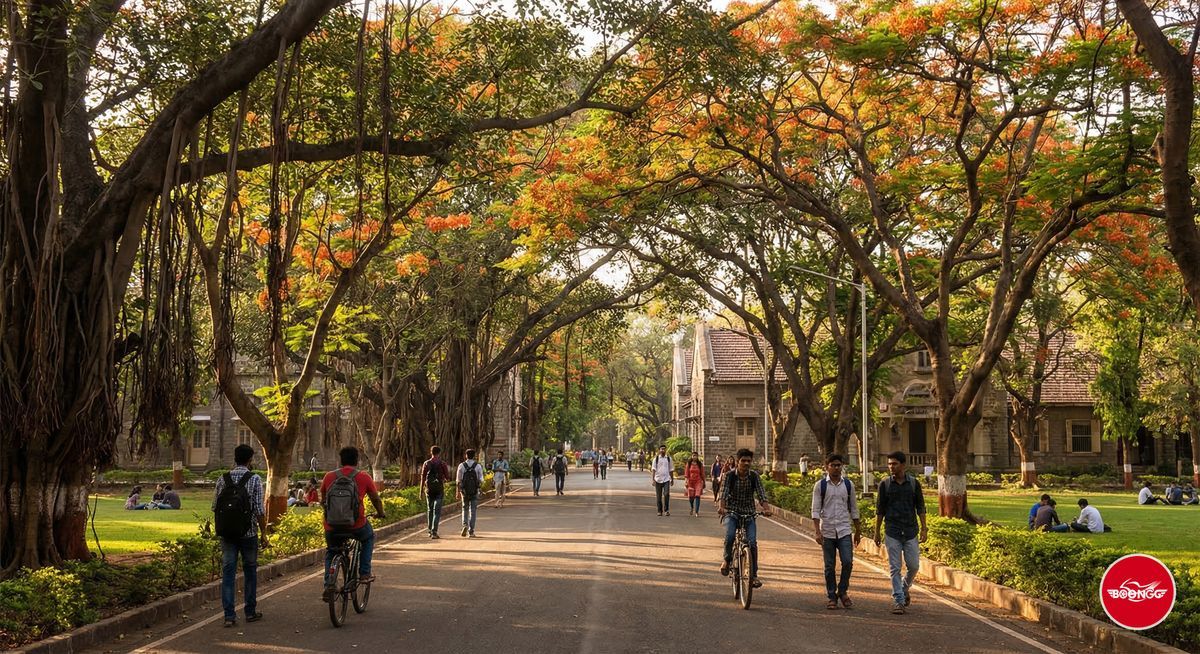 Tree-lined road inside Pune University campus with students walking under banyan trees