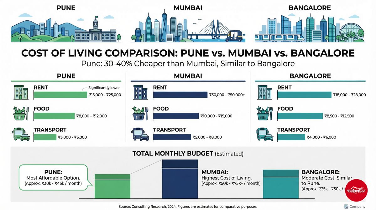 Cost of living comparison Pune vs Mumbai vs Bangalore 2026 showing rent food transport and total expenses