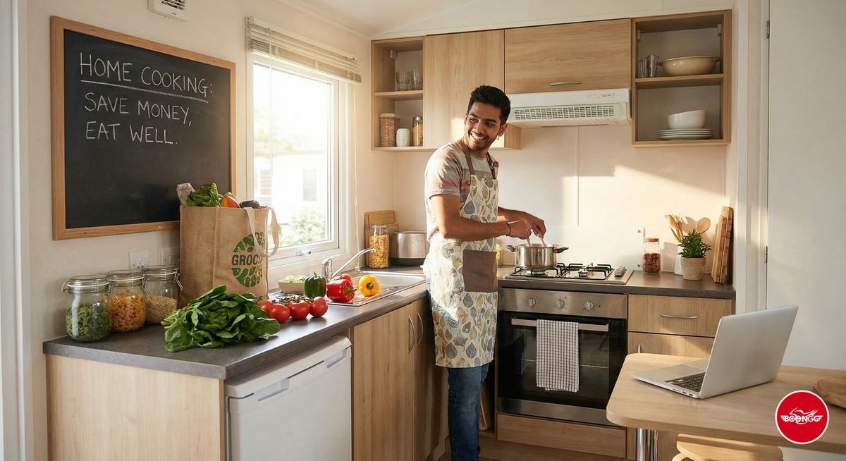 Young professional cooking healthy meal in Pune apartment kitchen to save on monthly food expenses