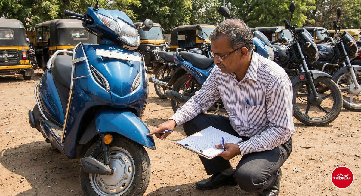 Person inspecting rental scooter condition with checklist