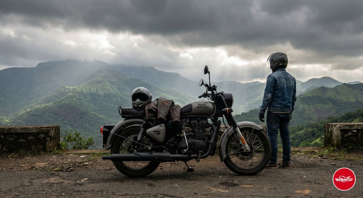 Royal Enfield Classic 350 parked on scenic Western Ghats mountain road near Pune