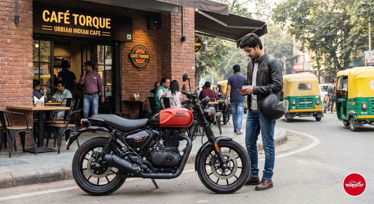 Royal Enfield Hunter 350 in red parked at urban Pune cafe with young rider