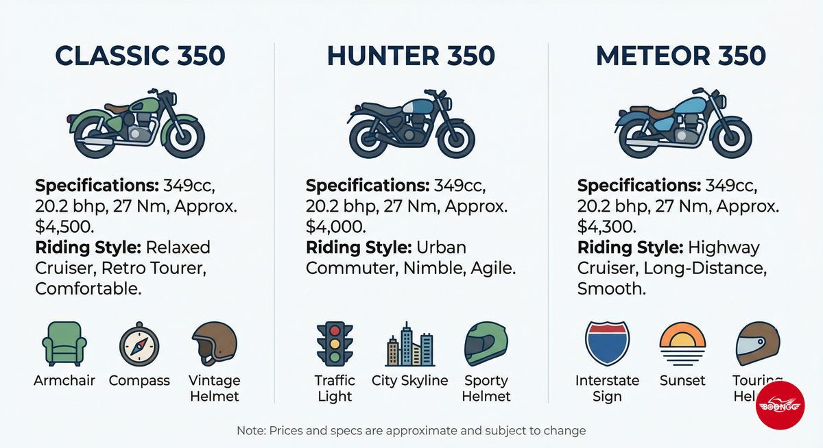 Royal Enfield models comparison chart showing Classic 350, Hunter 350, and Meteor 350 specs