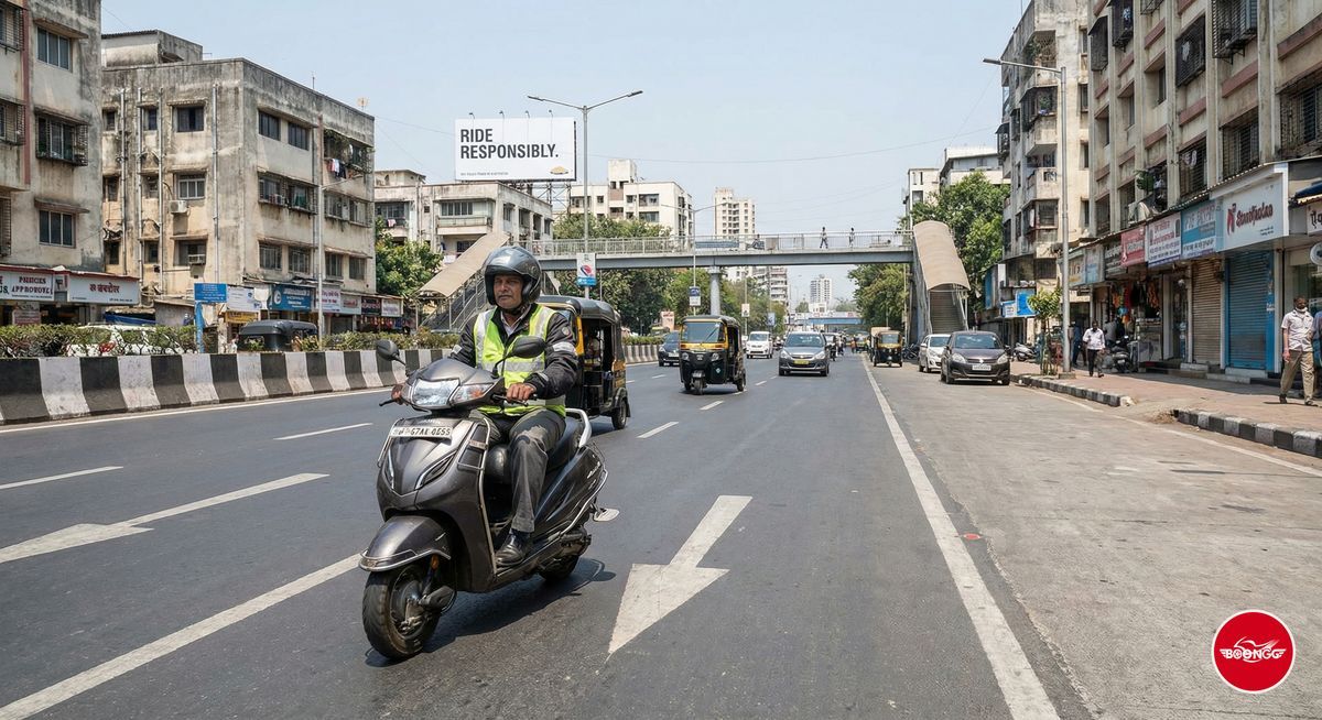 Rider wearing helmet safely on Pune roads