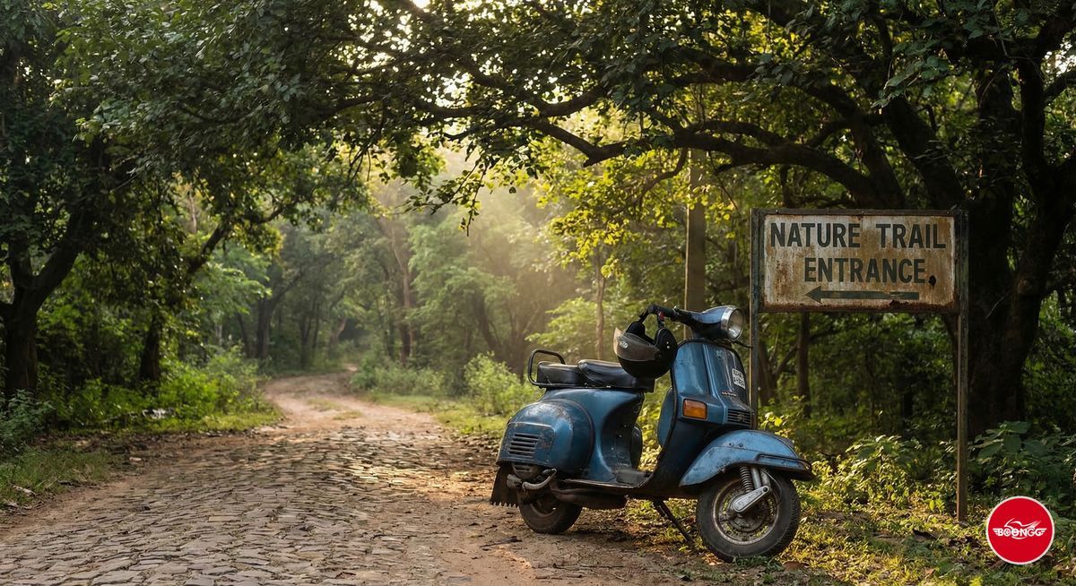 Scooty parked on narrow lane leading to nature trail in Baner Pune - explore hidden spots