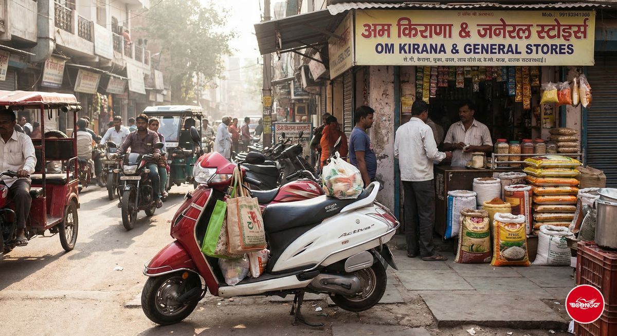 Scooty parked outside grocery store in Pune for daily errands and shopping