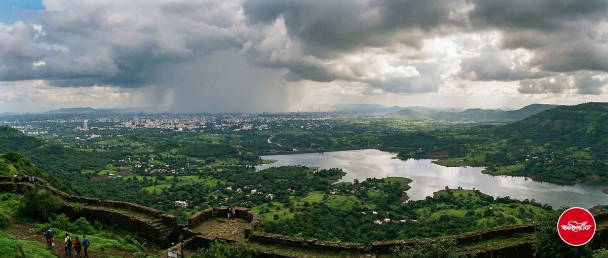 Panoramic view from Sinhagad Fort top showing Pune city and Khadakwasla Dam
