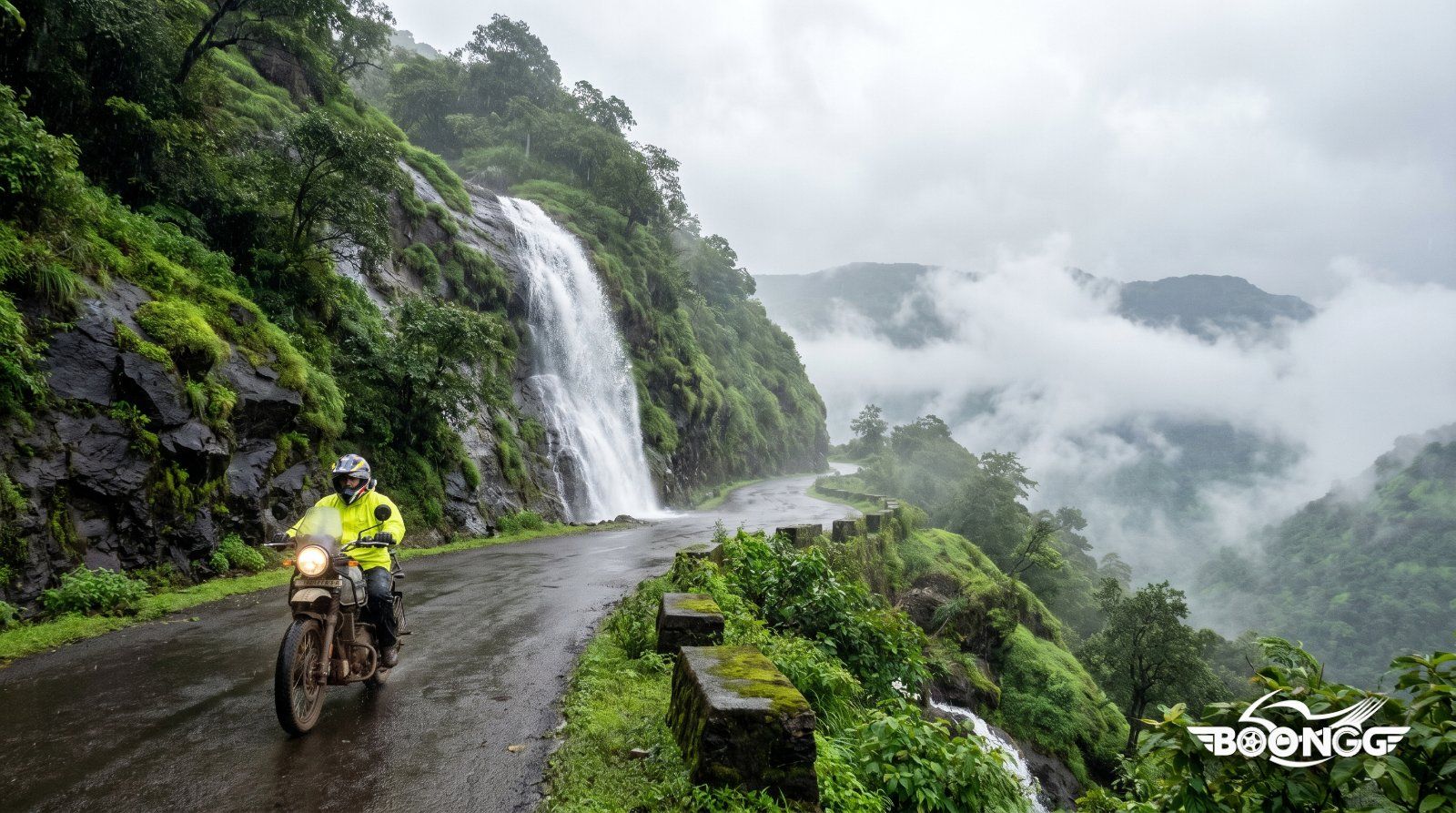 Waterfall beside the wet ghat road at Tamhini during monsoon with rider in rain jacket