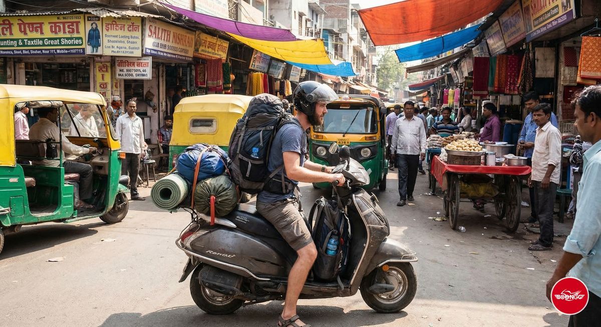 Traveller with luggage on rental scooter in Pune