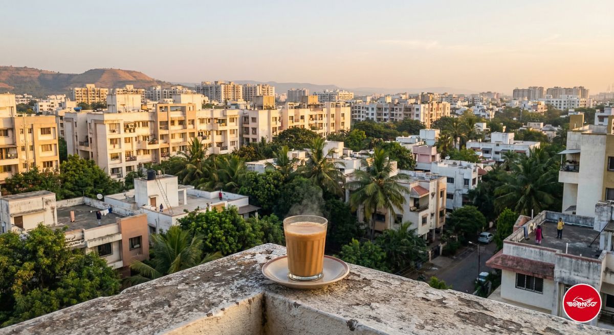 Morning view from apartment balcony in Wakad Pune suburb with buildings and green trees