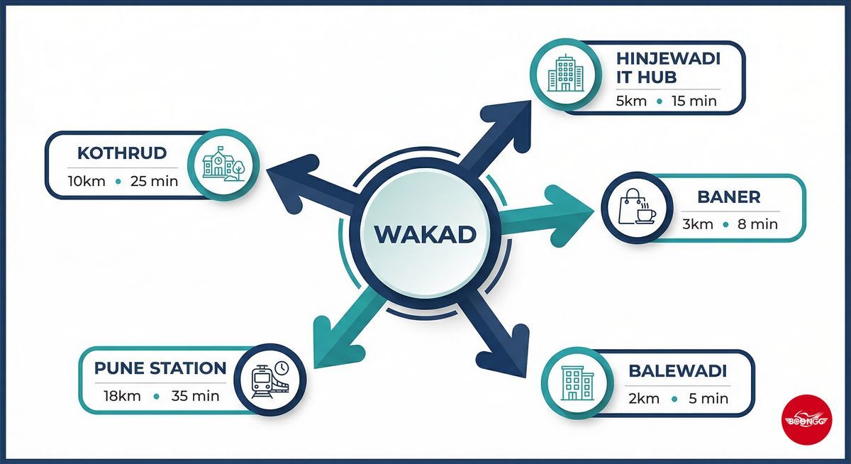 Infographic showing commute distances from Wakad to Hinjewadi, Baner, Balewadi, Pune Station, and Kothrud