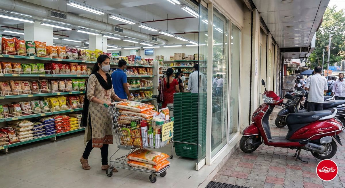 Grocery shopping at DMart Wakad with scooty parked outside