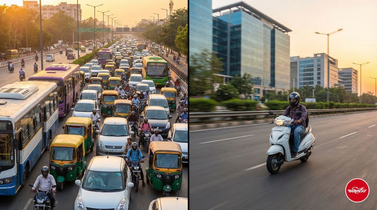Wakad to Hinjewadi commute comparison showing traffic congestion versus smooth scooty ride
