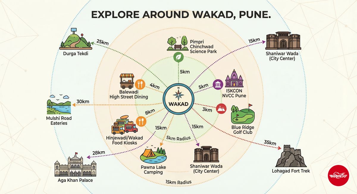Map showing 12 places to visit near Wakad Pune with distances marked for scooty rides
