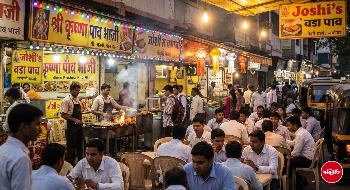 Evening street food scene in Wakad Pune with brightly lit stalls and local crowd
