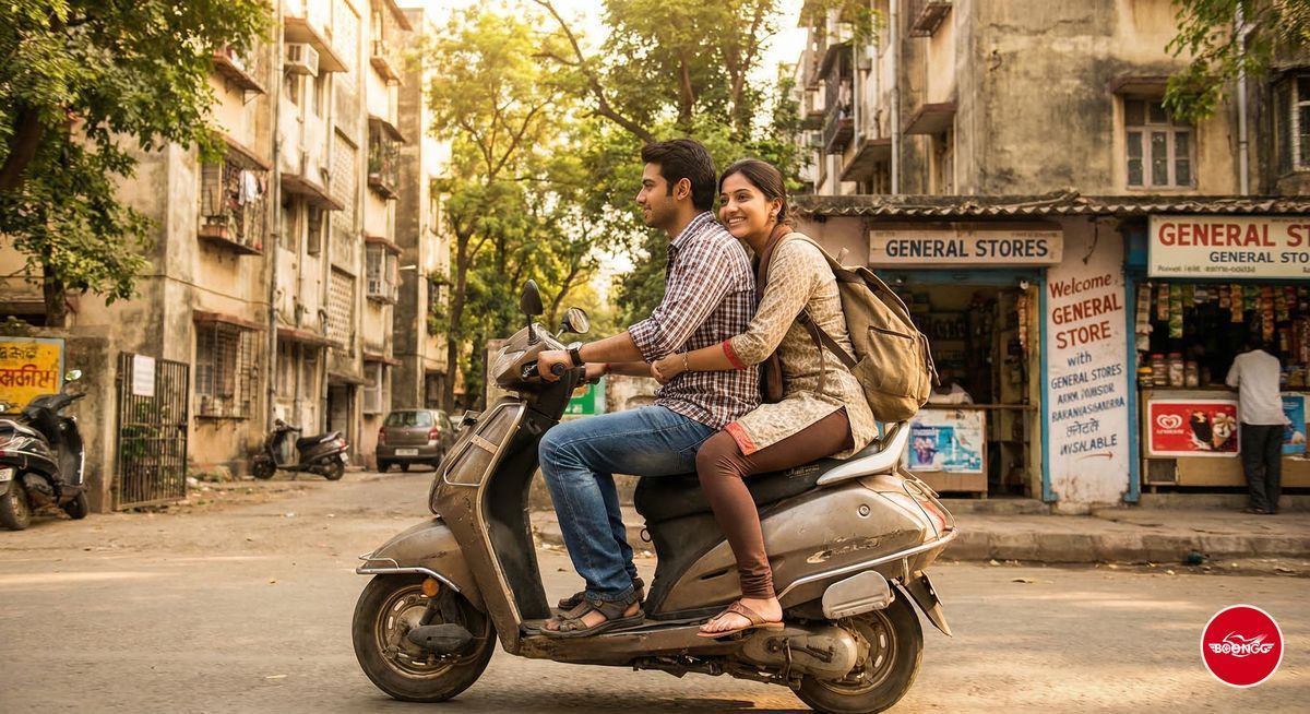 Young couple exploring Wakad neighbourhood on a scooty in Pune