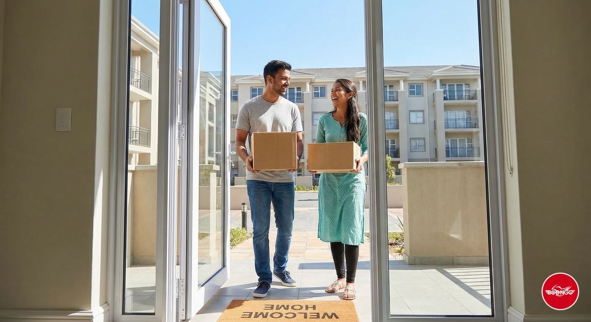 Young Indian couple happily moving into a new apartment in Balewadi Pune